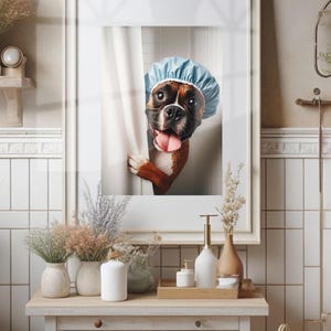 Boxer Bathroom Poster Print Boxer Shower Dog Bath Picture Bathroom Humor Boxer Bath Wall Art Decor Photo of Boxer in Bathroom Unframed