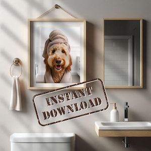 Golden Doodle in Bathroom Poster Print PRINTABLE Funny Dog Bath Picture GoldenDoodle Bath Towel Humor Home Decor DIGITAL DOWNLOAD
