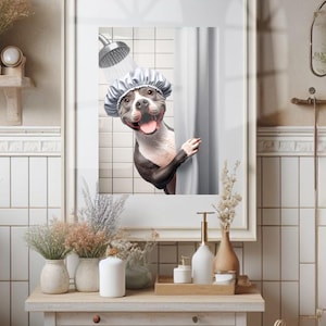 Pitbull Bathroom Poster Print Pitbull Shower Dog Bath Picture Bathroom Humor Pitbull Bath Wall Art Decor Photo Pitbull in Bathroom Unframed