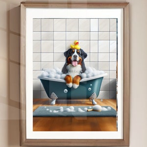 May include: A framed print of a Bernese Mountain Dog in a teal bathtub filled with bubbles. The dog wears a yellow rubber ducky on its head. A blue bath mat and a brush are on the wooden floor in front of the tub.