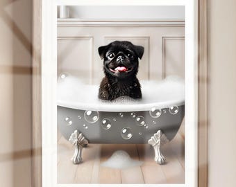 Black Pug Bathroom Wall Art, Funny Pug Bath Print with Rubber Ducky, Dog Bathroom Humor Poster, Pug Decor (Unframed)