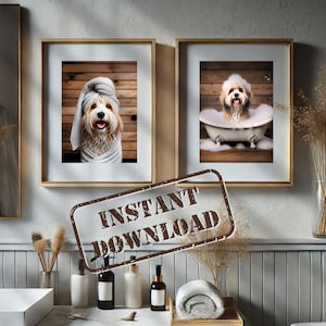 Havanese in Bathroom Print Set of Two PRINTABLE Havanese Funny Dog Bath Picture Bathroom Humor Havanese Home Decor DIGITAL DOWNLOAD
