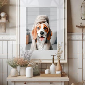 Beagle with Towel on Head Bathroom Towel Poster Print Beagle Funny Dog Bath Shower Picture Bathroom Humor Beagle Home Decor Unframed