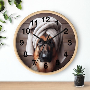 German Shepherd Clock, German Shepherd Bath Wall Clock, Adorable Dog Decor with Rubber Ducky, Dog Lovers' Home, Fun Bathroom Accent Clock