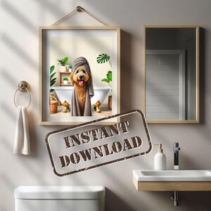 Golden Doodle in Bathroom Poster Print PRINTABLE Funny Dog Bath Picture GoldenDoodle Bath Towel Humor Home Decor DIGITAL DOWNLOAD