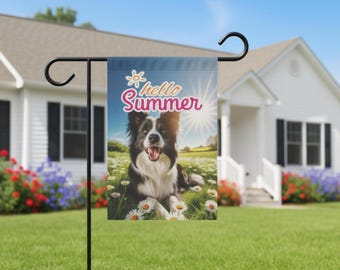 Border Collie Summer Garden Flag, Hello Summer Dog Yard Decor, Border Collie Outdoor House Banner, Dog Flag, Pet Lawn Sign, Home Decor Flag