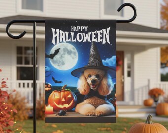 プードル魔女のハロウィンガーデンフラッグPNG：秋の庭の装飾