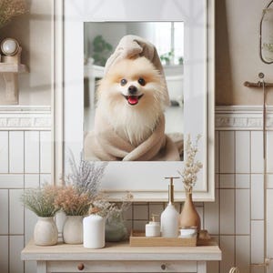 Pomeranian with Towel on Head Bathroom Towel Poster Print Pomeranian Bath Funny Dog Bath Shower Picture Humor Pomeranian Wall Decor Unframed