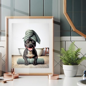 Staffordshire Bull Terrier with Towel Head Bathroom Towel Poster Print Funny Dog Bath Shower Picture Bathroom Humor Home Decor Unframed
