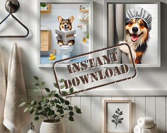 May include: Two framed prints featuring a Corgi dog in a bathroom setting. One print shows the dog reading a newspaper on the toilet, and the other shows the dog wearing a shower cap. The prints are displayed on a white tiled wall with a plant and towels.