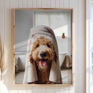 Golden Doodle with Towel on Head Bathroom Poster Print Doodle Funny Dog Bath Shower Picture Bathroom Humor GoldenDoodle Home Decor Unframed