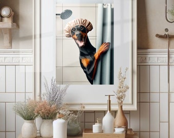 Doberman Bathroom Poster Print Doberman Shower Bath Funny Dog Bath Picture Bathroom Humor Doberman Bath Wall Art Doberman Decor Unframed