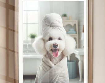 May include: A white dog wearing a white towel on its head and wrapped in a white towel, looking at the camera with its tongue sticking out. The dog is in a bathroom setting.