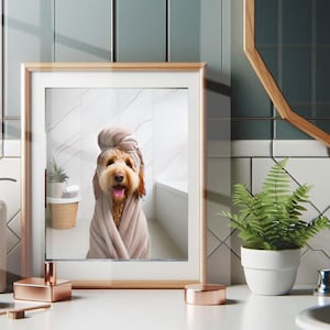 Golden Doodle with Towel on Head Bathroom Towel Poster Print Doodle Funny Dog Bath Shower Picture Humor GoldenDoodle Home Decor Unframed