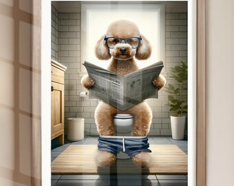 May include: A brown poodle wearing glasses sits on a toilet in a bathroom, reading a newspaper. The poodle is wearing blue shorts. The bathroom has white tile walls and a window.