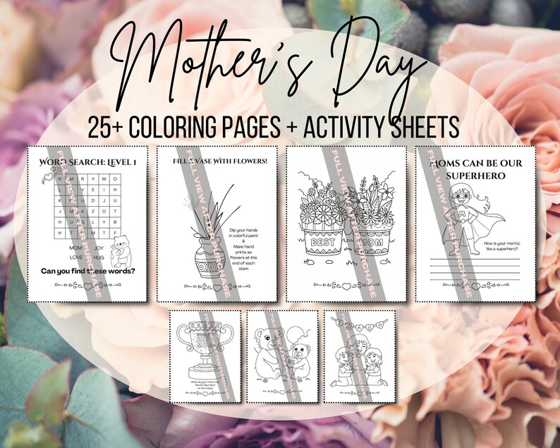 Mother’s Day coloring pages and activity worksheet for kids for instant download + UNLIMITED printing! Color personalizable posters for mom with flowers, families, cute animals, and more! Word search for kids, learning counting, gifts for mom.