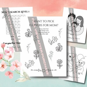 May include: Black and white printable activity pages for kids. The pages include a word search, a connect the dots activity, and a coloring page featuring a family of bears.