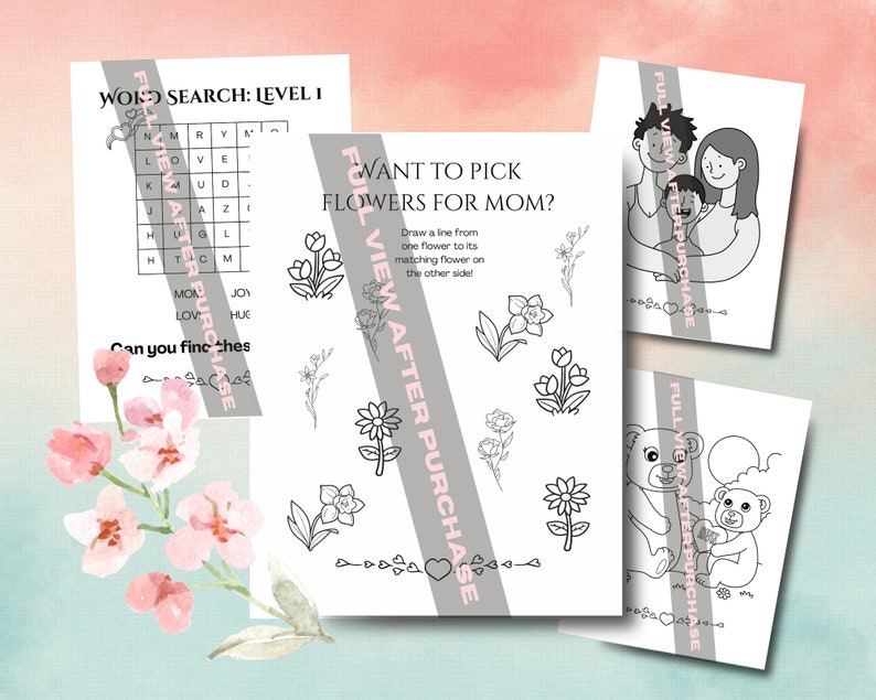 May include: Black and white printable activity pages for kids. The pages include a word search, a connect the dots activity, and a coloring page featuring a family of bears.