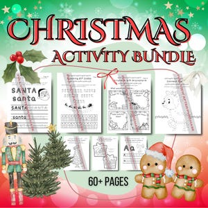 Peut inclure: Un lot d'activités de Noël avec plus de 60 pages d'activités imprimables pour les enfants. Le lot comprend des pages à colorier, des mots cachés, des points à relier et plus encore. La couverture présente un bonhomme en pain d'épices, un sapin de Noël et un casse-noisette.