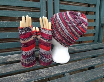 Knitted Hat and Gloves Set, Fingerless Gloves and Beanie Hat, Small Adult Hat and Gloves Set, Striped Hat and Gloves, Red Striped Hat, Glove