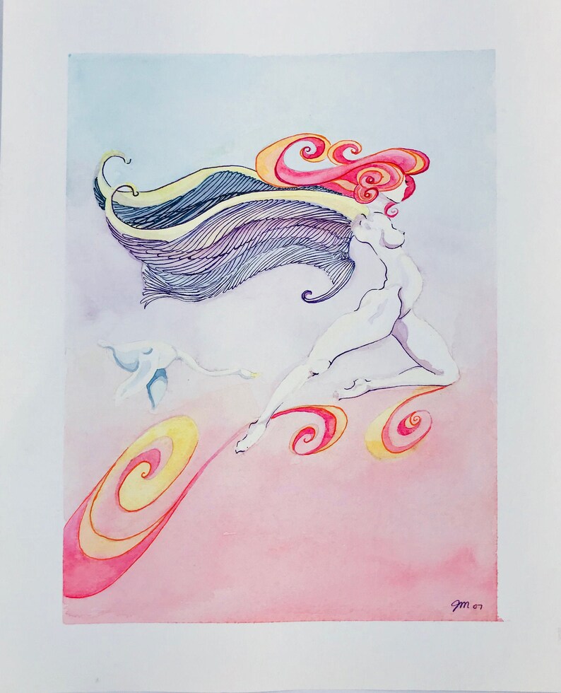 May include: A watercolor painting of a woman with flowing pink and yellow hair, sitting on a swirling pink and yellow cloud. The woman is nude and has a white body. The background is a light blue watercolor wash.