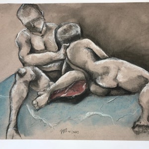 Studio a doppia figura in pastello di gesso su carta grigia