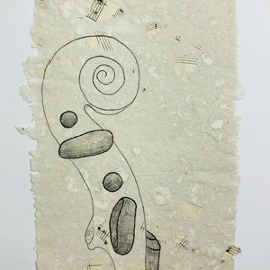 May include: A black and white line drawing of a violin scroll on a textured beige background with musical notes and a signature that reads "Amo7".