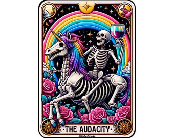 Audacity Skeleton Tarot Card Laminated Sticker | Funny Sarcastic Waterproof  & Laptop Holographic Vinyl Sticker