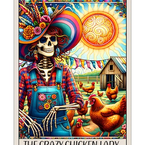 Crazy Chicken Lady Skeleton Tarot Card Laminated Vinyl Sticker | Pet Lover | Chicken Lover Sticker | Backyard Life Sticker
