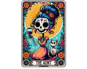 Aunt Skeleton Tarot Card Laminated Sticker | Funny Sarcastic Waterproof Water Bottle & Laptop Holographic Vinyl Sticker