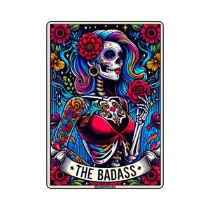 Pegatina laminada de la carta del tarot de esqueleto rudo / Pegatina holográfica de vinilo divertida, sarcástica, impermeable, para botella de agua y portátil