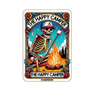Happy Camper Skeleton Tarot Card Laminated Sticker | Waterproof Sticker | Holographic Vinyl Sticker | Laptop Decal | Fishing Sticker