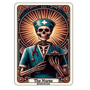 Sticker plastifié de carte de tarot squelette d'infirmière | Autocollant en vinyle holographique étanche et sarcastique pour ordinateur portable B
