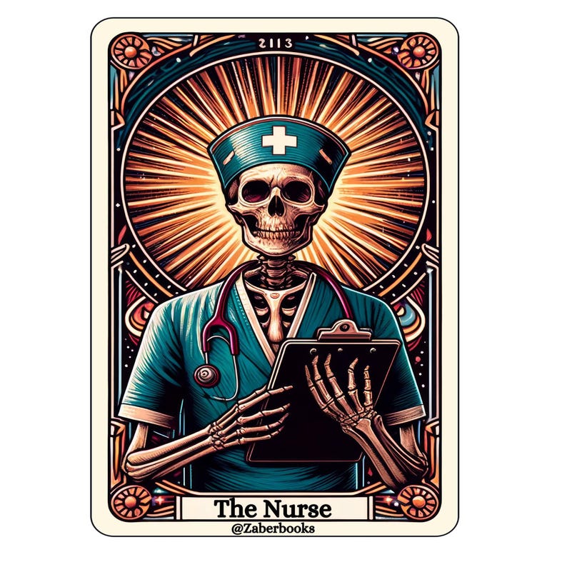 Sticker plastifié de carte de tarot squelette d'infirmière | Autocollant en vinyle holographique étanche et sarcastique pour ordinateur portable B