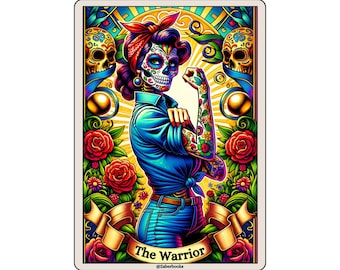 Warrior Tarot Card Laminated Sticker | Feminist Sarcastic Waterproof Water Bottle & Laptop Holographic Vinyl Sticker | Badass Women