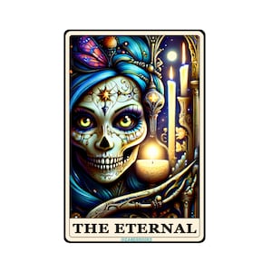 Pegatina laminada de la carta del Tarot "Esqueleto Eterno" / Divertida pegatina holográfica de vinilo para botella de agua y portátil, resistente al agua y con un toque sarcástico.