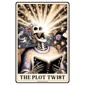 May include: A tarot card illustration featuring a skeleton reading a glowing book, with light emanating from its mouth and the book. The card is titled "THE PLOT TWIST" with the @Zaberbooks logo.