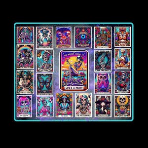Vinyl Mystery Sticker Pack | Mystical Skeleton Tarot Cards | Funny Sarcastic Waterproof Water Bottle & Laptop Holo Sticker | Holographic
