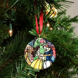 Beauty and the Beast Stained glass Image Christmas Tree 2.25 Ornament image 1