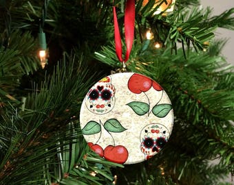 Day of the Dead Cherry Sugar Skull Image Christmas Tree 2.25" Ornament