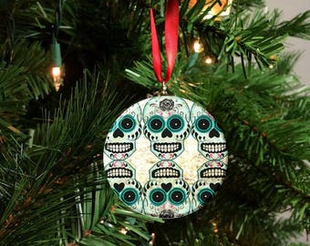 Day of the Dead Blue Sugar Skull Image Christmas Tree 2.25" Ornament