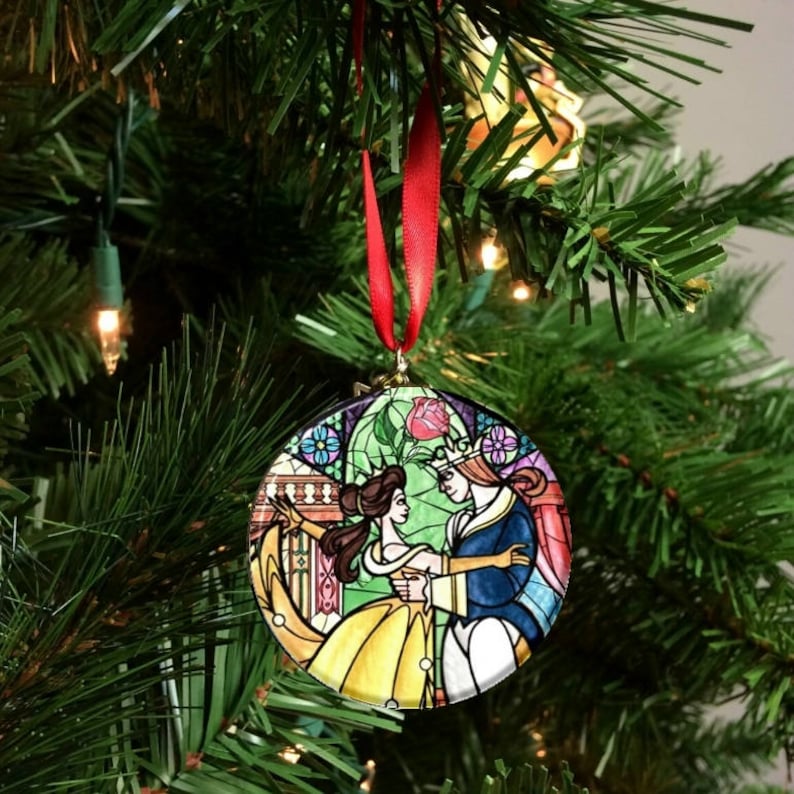 Beauty and the Beast Stained glass Image Christmas Tree 2.25 Ornament image 1