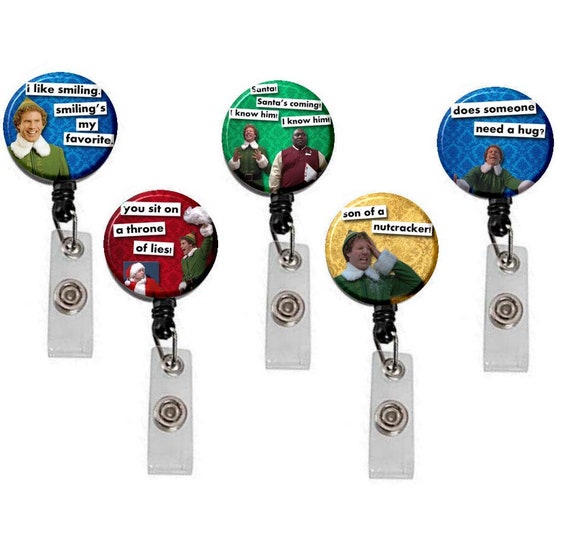 1.25 Elf Retractable ID Name Holder Badge Reel Clip On Nurse Lot of 5 - I  Like Smiling - Santa is Coming - Throne of Lies