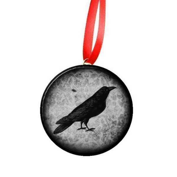 Black & White Damask  Black Bird Crow Image Christmas Tree 2.25" Ornament