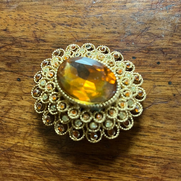 Vintage Corocraft Amber and Yellow Rhinestone Brooch