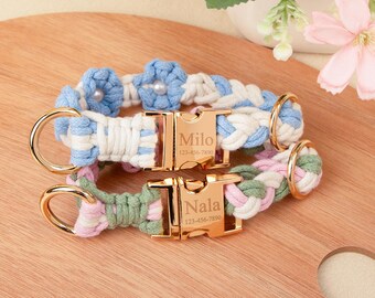 May include: Two personalized dog collars. One is blue and white with a gold buckle engraved with "Milo" and a phone number. The other is green, pink, and white with "Nala" and a phone number on the gold buckle. Both have gold rings.