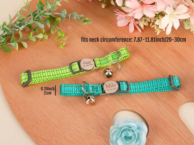 May include: Two personalized pet collars, one lime green and one teal, with silver name tags and small bells. The collars fit neck circumferences of 7.87-11.81 inches. The width of the collar is 0.39 inches.