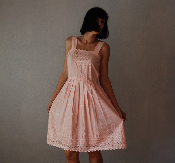 vintage 1970s peach EYELET embroidered sun dress