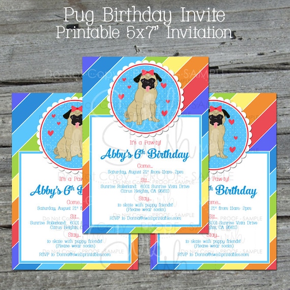 Printable Pug Birthday Invite Cute Dog Invitation Rainbow