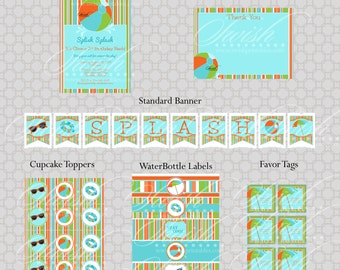 Pool Party Beach Birthday Invite and Party Printables - Beach Ball Umbrella